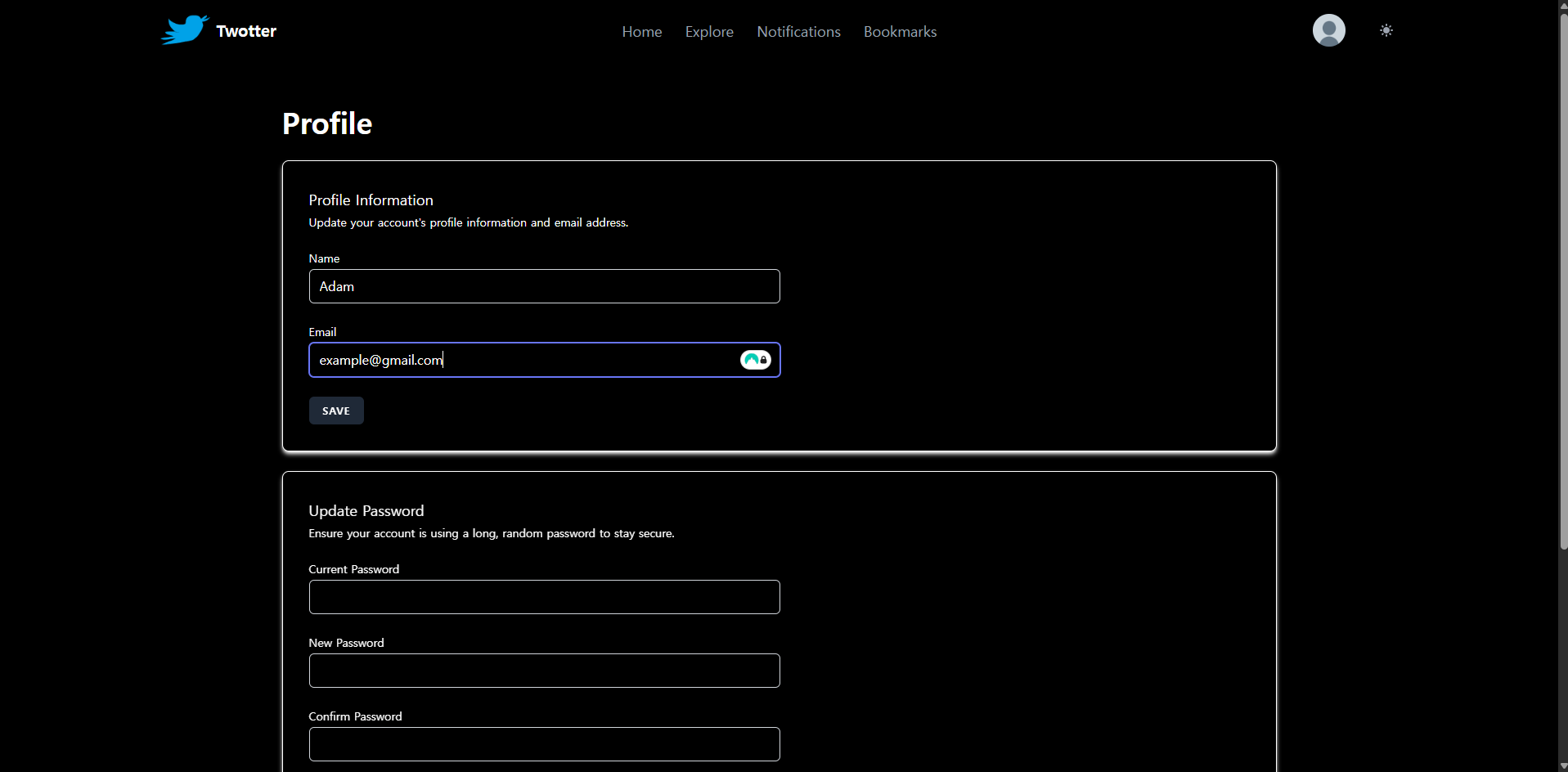Twotter user profile
